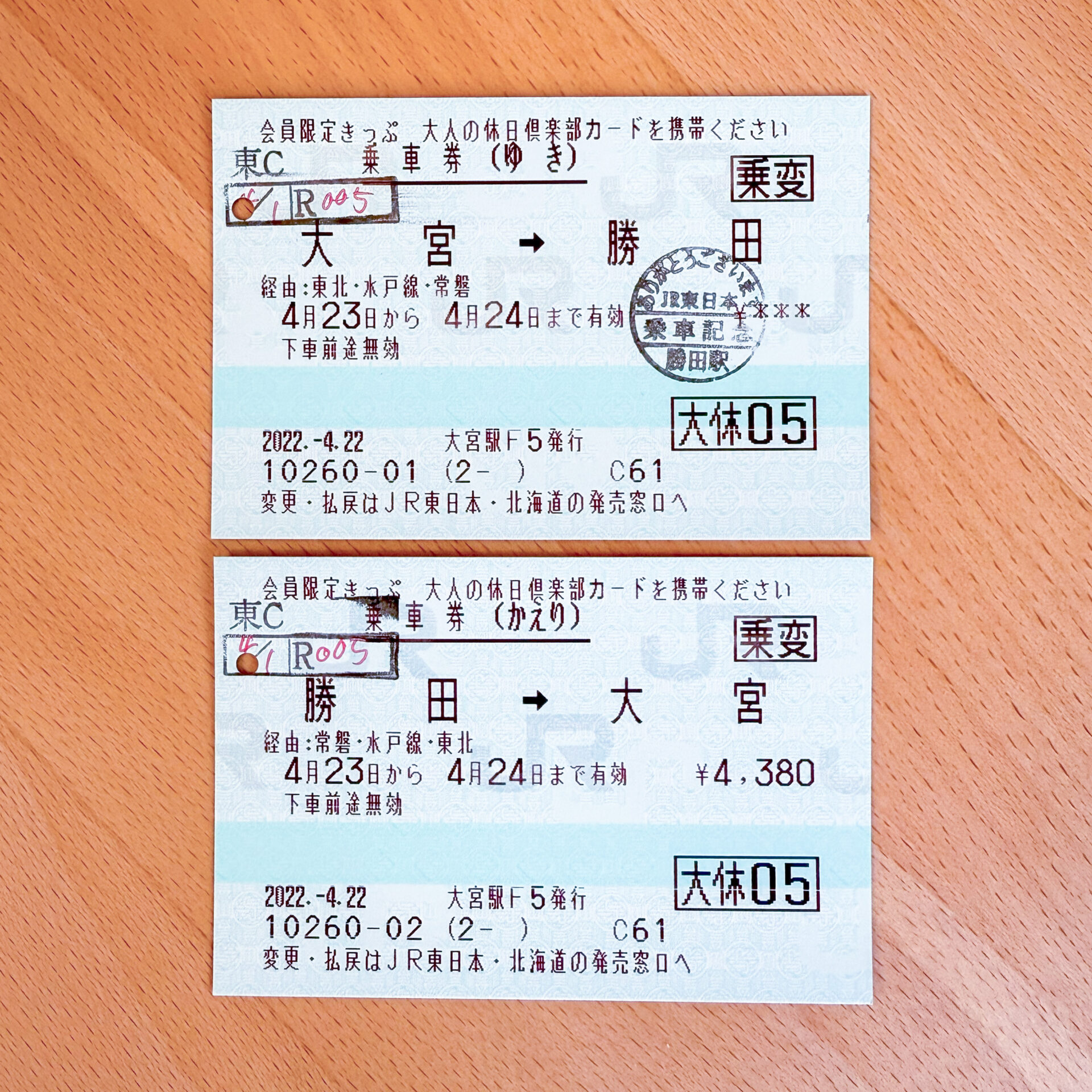 大宮駅から勝田駅ゆき普通乗車券