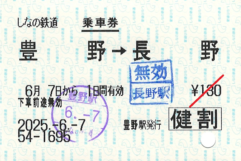 豊野駅から長野駅ゆき普通乗車券